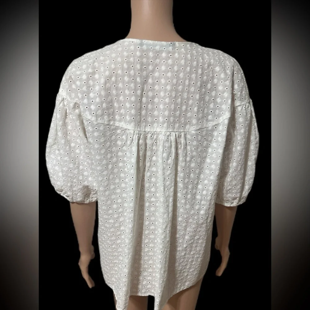 ZARA Blouse Small White Eyelet Cotton Puff Sleeve Embroidered Top Boho wb